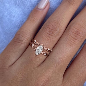 Anillo de diamantes de laboratorio IGI de 1 ct con corte marquesa, banda de ramas inspirada en la naturaleza, anillo de compromiso de oro rosa
