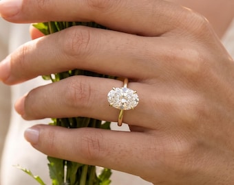 Anel solitário oval de 3 quilates com diamante cultivado em laboratório certificado pelo IGI em platina e ouro 14K/18K.