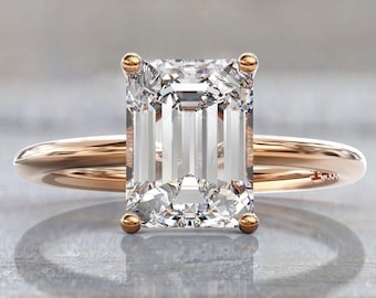 2ct Solitaire Emerald Cut Moissanite Ring - Minimalist 14K/18K Gold Setting - Low Profile Elegant Engagement Design