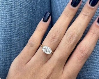 Elegant 2 Carat East West Oval Moissanite Engagement Ring with Hidden Halo Diamond Accent