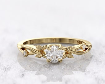 0.5ct lab diamond Certified Nature inspired ring, Twig Branch leaf Engagement Ring