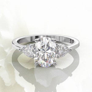 Three Stone Moissanite Engagement Ring, 2ct Oval Center Stone & 0.50 carat Heart Moissanite Accents