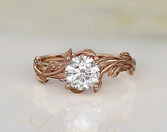 Lab Grown Diamond Twig Engagement Ring, 1ct Round Cut, IGI Certified, Unique Celtic Design in 14K/18K Solid Gold Leaf