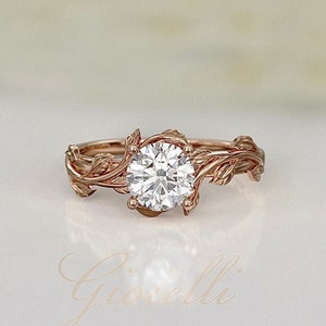 Lab Grown Diamond Twig Engagement Ring, 1ct Round Cut, IGI Certified, Unique Celtic Design in 14K/18K Solid Gold Leaf