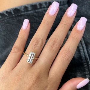 3 ct moissanite solitaire engagement ring, elongated Baguette 13x6 mm 1.6mm band