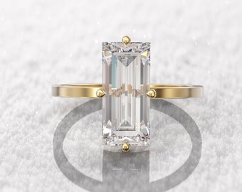 solitaire Baguette Ring, 3ct moissanite engagement ring, thin Baguette 13x6mm 14\18k solid gold 1.5mm band