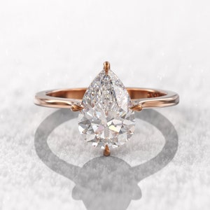 Pear Shaped Moissanite Engagement Ring, 2Ct Solitaire, 10x7 mm Teardrop Moissanite Ring, 14K Rose Gold