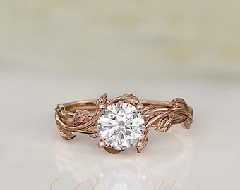 1ct Moissanite ring, Nature Twig Solitaire Engagement Ring, Unique Celtic Leaf Ring 14\18k