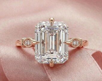 Anello di fidanzamento con taglio smeraldo in moissanite da 4 carati, fascia da 1,6 mm in stile art déco 14\18K