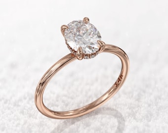 1ct oval moissanite engagement ring 6x8mm, diamond hidden halo 1.5mm thin band