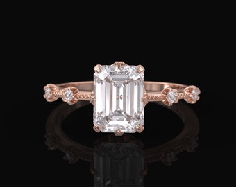 emerald cut engagement ring 2 carat moissanite 8.5x6.5mm & 4 round cut diamond 1.3. mm band knife edge milgrain ring