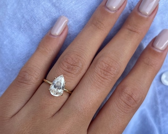 2.5 ct moissanite engagement ring, elongated Pear Shaped solitaire rings, 14\18k yellow gold