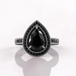 2 ct Pear Shape Balck Moissanite Pear Cut Engagement Ring, Black Diamond Halo and side stone, 14\18k