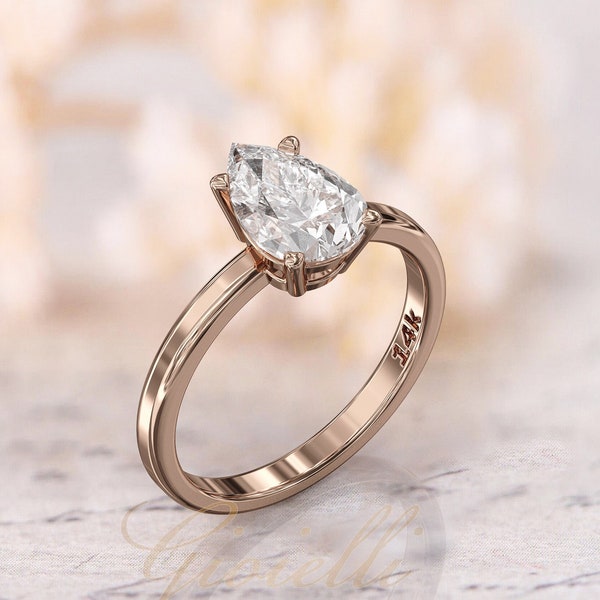 Pear Moissanite Engagement Ring 2 Carat Solitaire Engagement Ring 10x7 mm Teardrop Moissanite Ring 14K Rose Gold Ring