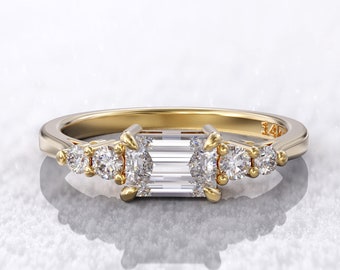 5 stone diamond ring, east west Moissanite emerald cut & 4 natural round diamond