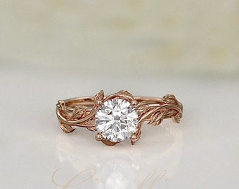 Certified Lab Grown Diamond, Twig Engagement Ring, 0.78ct round cut, Unique Celtic Engagement Ring, 14K/18K Solid Gold Leaf Ring