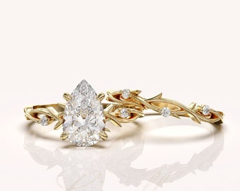 1 carat pear cut Lab Diamond IGI CERTIFIED, Twig Engagement Ring Set, Nature Branch Ring Set, 14K/18K gold