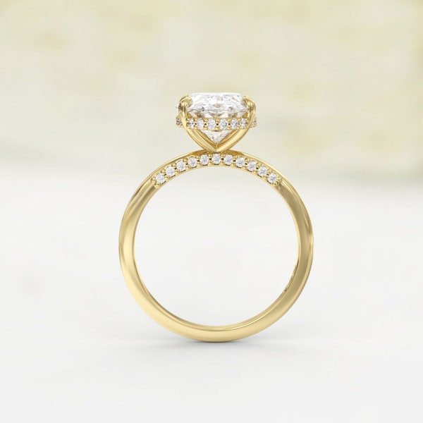 3ct Oval Moissanite Engagement Ring with Diamond Hidden Halo & Pave Bridge in 14K/18K Gold