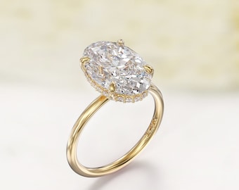 3ct Oval Moissanite Engagement Ring – Hidden Halo Diamond – 1.5mm Sleek Band