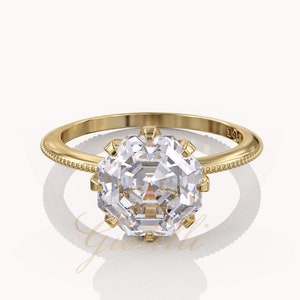 Moissanite Octagon Ring, Solitaire bezel engagement ring, 2ct moissanite knife edge 1418k gold milgrain ring image 4