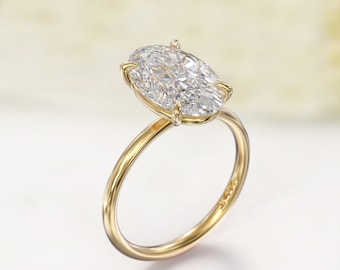 Crushed ice moissanite engagement ring, 4ct  elongated oval 13.7x8.5mm, 14K Solitaire Ring, 1.8mm band