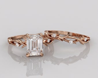 2ct Emerald Cut LAB diamond IGI CERTIFIED, Twig Engagement Ring Set, Nature Ring Set, 14\18K Solid Gold
