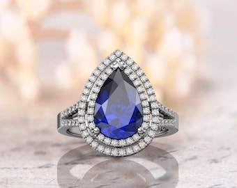 3 Carat Pear Cut Blue Sapphire Engagement Ring & Double Halo Split Shank Ring diamond 0.43 ct