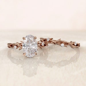 Twig Engagement Ring Set, Oval 2ct Moissanite Gold Wedding Ring Set, Nature Ring Set, Solid Gold
