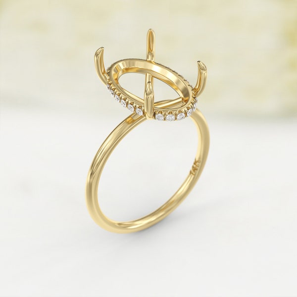 14K Gold Oval Semi Mount Ring – Thin Band, Hidden Halo