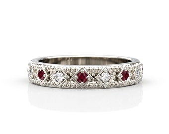 Anillo de eternidad con rubí y diamantes en oro blanco de 14 quilates para mujer.