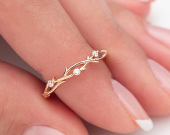 Twig Diamond Celtic Wedding Ring, stapelbare Twig ring in Rose Gold, sierlijke natuur geïnspireerde ring