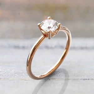 White Sapphire Engagement Ring 4 Prong 1CT Round Solitaire 14k Solid Rose Gold minimalist Ring image 1