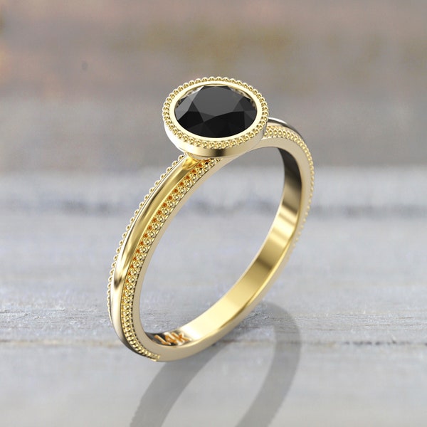 Bezel Black Diamond Ring Alternative Engagement Ring Solitaire Promise ring 14K Gold milgrain