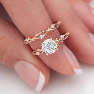 Twig Engagement Ring Set, Nature Inspired Lab Diamond Celtic Leaf Ring, Dinty Gold Ring, Unique Branch Wedding Ring Set, IGL Certificate