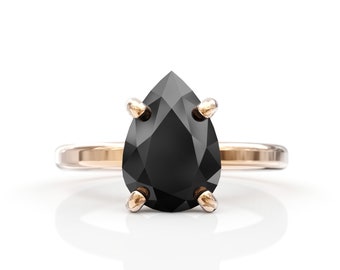 Black Onyx Ring, 14K Rose gold Pear teardrop Solitaire Ring