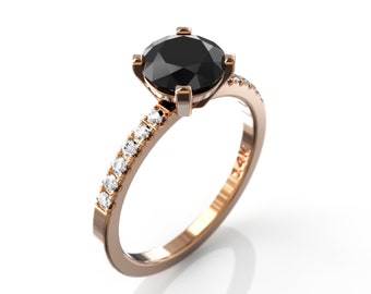 Anel de noivado com diamante negro de 1,5 quilates, ouro 14K, detalhes em diamante.