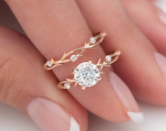 Set di anelli di fidanzamento ramoscello, diamante da laboratorio da 1 ct CERTIFICATO IGI, set di anelli naturali, oro 14K/18K