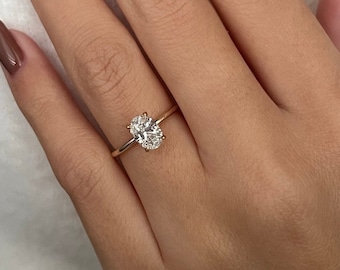 1ct oval diamond engagement ring, IGI Certified Lab Grown Diamond, hidden halo diamond,1.5mm thin band
