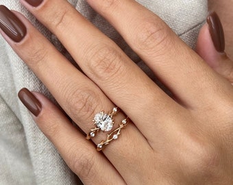 1 carat Oval LAB diamond engagement ring set, Dainty Twig Engagement Ring Set, Nature Ring Set, CERTIFIED DIAMOND