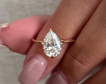 Pear Shaped Moissanite Engagement Ring, 2Ct Solitaire, 10x7 mm Teardrop Moissanite Ring, 14K Rose Gold