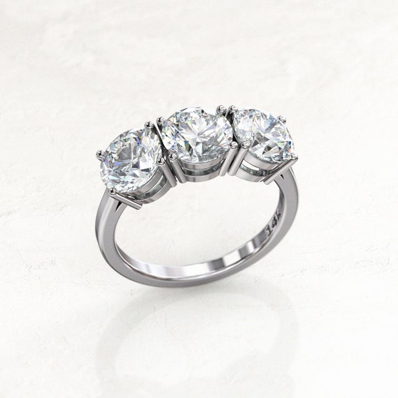 Three Stone Engagement Ring 7mm Round cut Moissanite 14k white Gold Ring 2 mm Band about 3.9 ctw