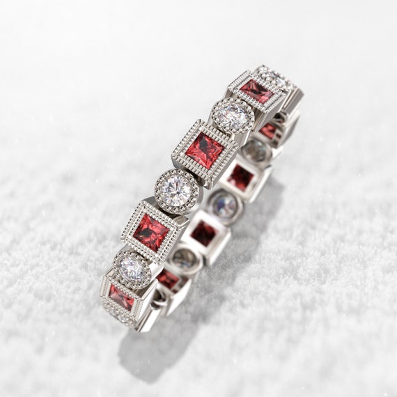 14k White Gold Round Alternating Genuine Diamond And Ruby Anniversary Ring 14k White Gold Round Alternating Genuine Diamond And Ruby Anniversary Ring