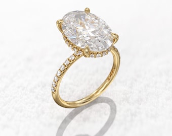 4ct oval engagement ring, elongated oval crushed ice moissanite 13.5x8.7 mm, 1.6 mm thin band micro pave & Hidden halo diamond