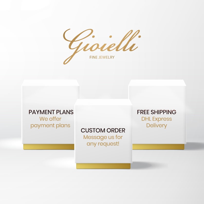 May include: Three white boxes with gold trim, each with a different message. The first box says "PAYMENT PLANS We offer payment plans". The second box says "CUSTOM ORDER Message us for any request!". The third box says "FREE SHIPPING DHL Express Delivery".