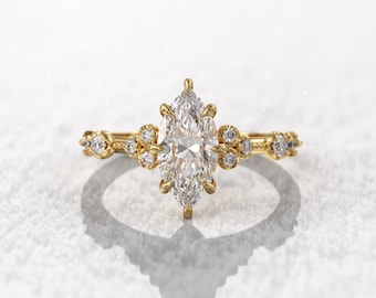 Marquise diamond engagement ring, 1ct Lab Diamond IGI CERTIFIED, cluster diamond
