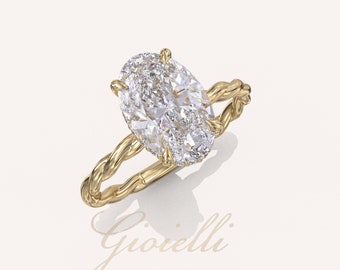 2CT Oval Moissanite, Twisted Oval Engagement Ring, 0.09 CT Hidden halo diamond, 14K/18K Solid Gold