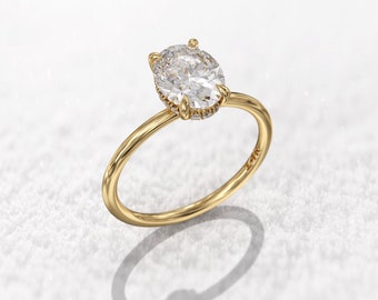 1.5 carat hidden halo oval moissanite engagement ring, 14\18K Solid Gold Ring