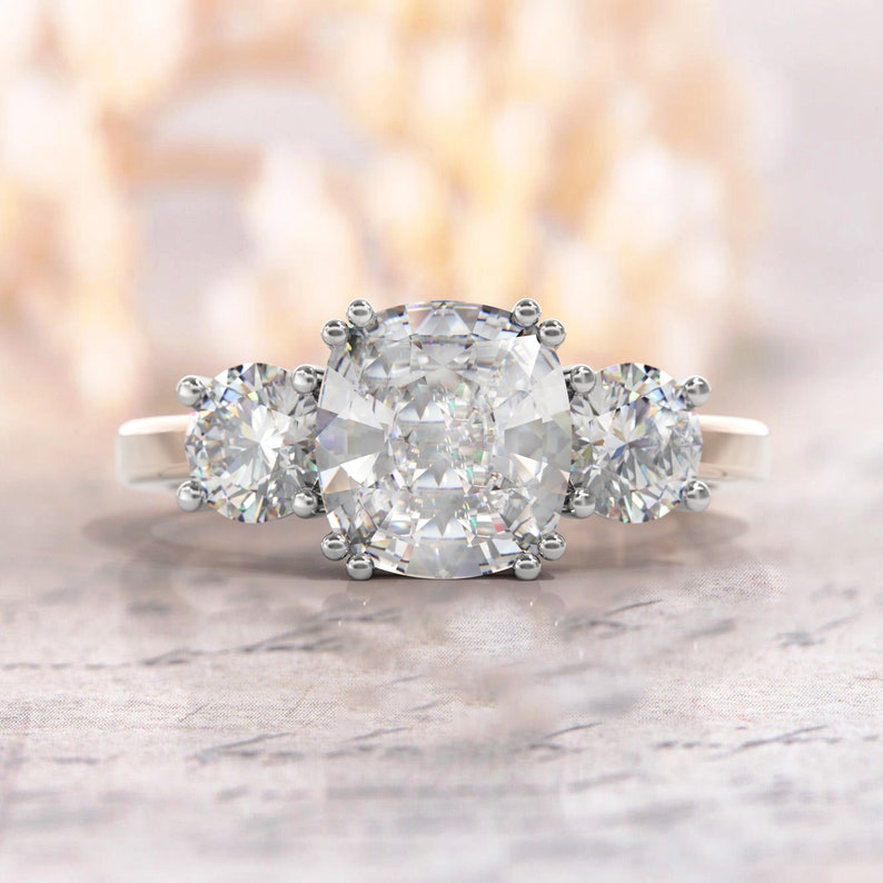 Cushion Cut Engagement Ring 3 Stone Ring 3ct Moissanite Etsy