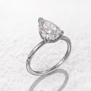pear cut moissanite engagement ring, 11x7mm 1.6 ratio tear drop 2ct, Hidden halo natural blue topaz