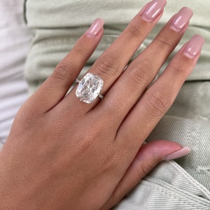 Elongated cushio moissanite engagement ring, Custom Celebrity Ring, 8ct moissanite 16x12mm, diamond band, hidden halo